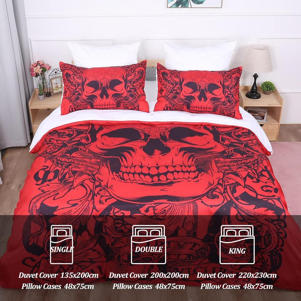 Roter Totenkopf Bettbezug Gothic 3D Tattoo Gedrucktes Bettwäsche-Set 3-teilig Halloween Mikrofaser Bettdeckenbezug mit Reißverschlussbändern + 2 Kissenbezüge