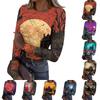 Women Long Sleeve Ribbed Knit Top Halloween Print Casual Crew Neck Slim Fit Stretchy Pullover Shirt for Daily Wear