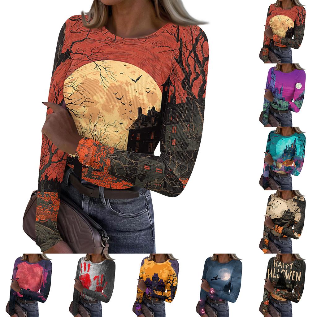 Women Long Sleeve Ribbed Knit Top Halloween Print Casual Crew Neck Slim Fit Stretchy Pullover Shirt for Daily Wear