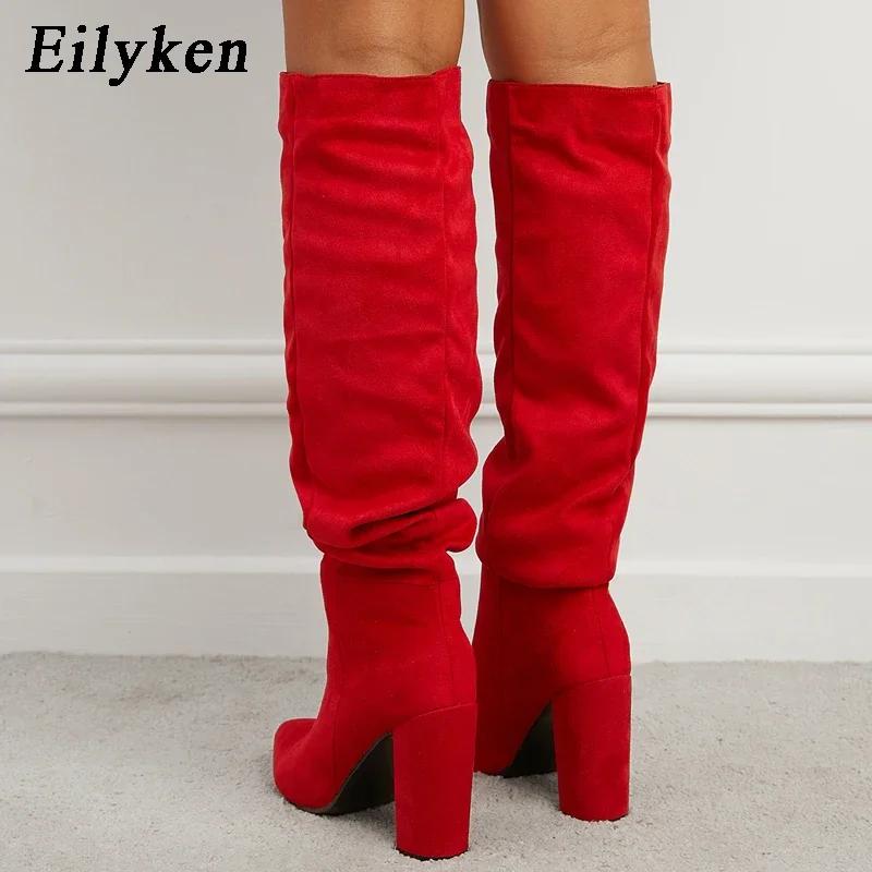 Fashion Eilyken Fashion Women High Heel Boots Designer Chunky Heel Shoes Long Boots the Knee Pleated Botas Mujer