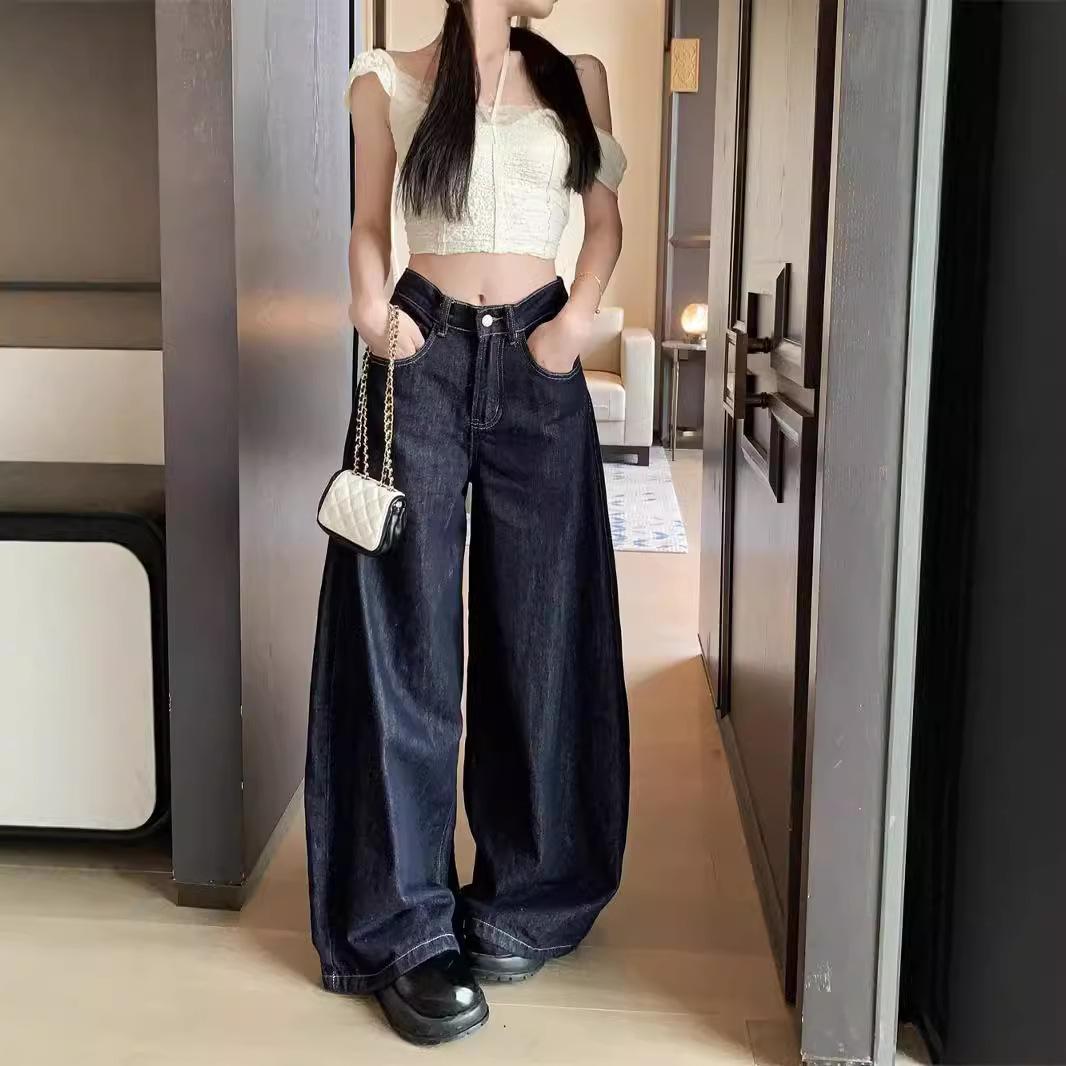 

Модные женские джинсы с широкими штанинами в стиле ретро Spice Washed, с высокой талией, свободные прямые брюки с драпировкой 2XL синий