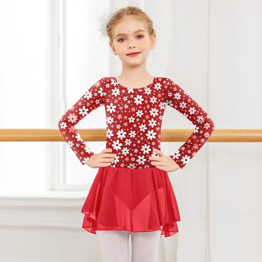 Girls' Color-blocked Romper Long-sleeved Tulle Dress Dance Costume