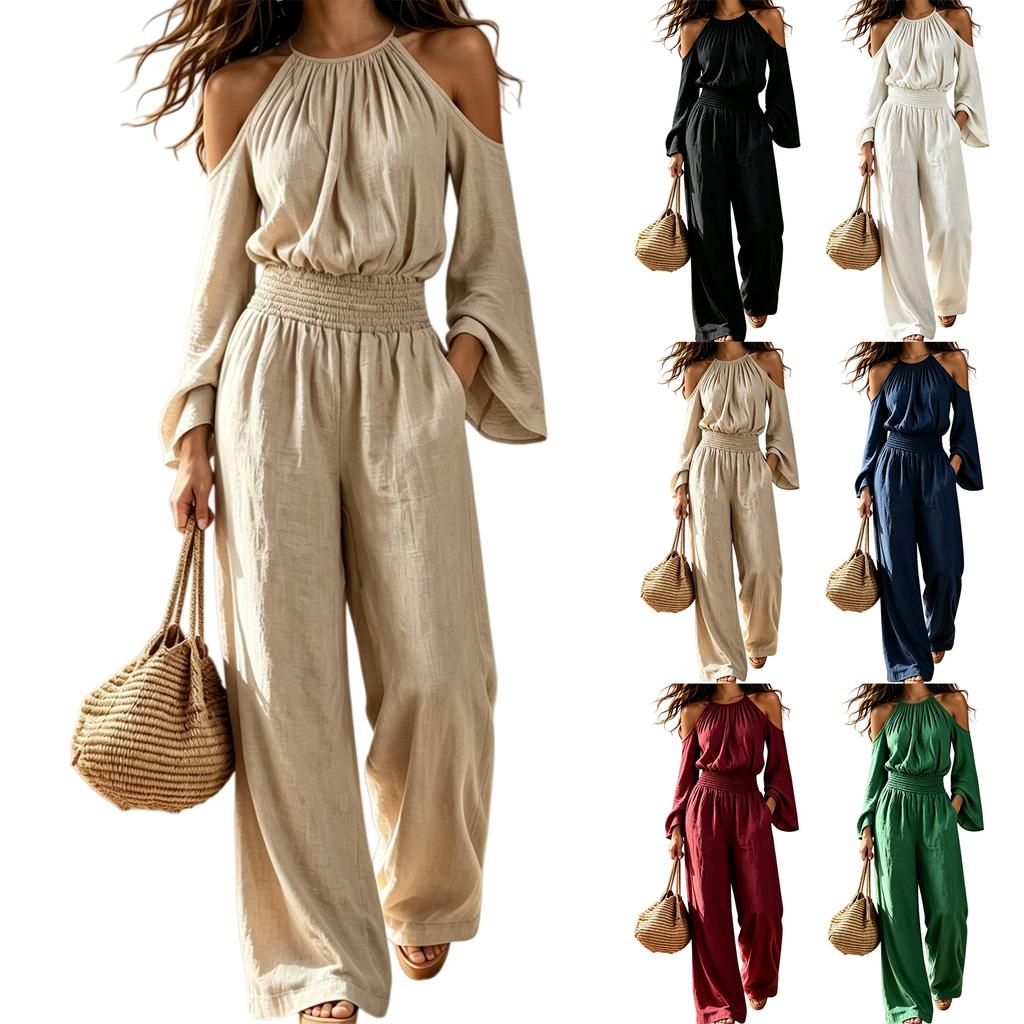 Women's Cable Knit Neck Long Sleeve Jumpsuit, High Waist Loose Fit Straight Leg