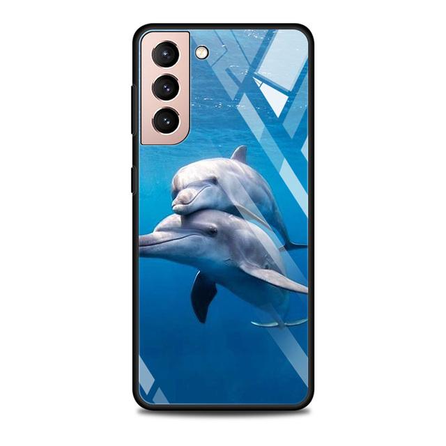 Blue Sea Animal Cute Dolphin Glass Case For Samsung Galaxy S21 S20 Ultra S10 Plus Lite S20fe 5g S10e S9 S8 Bumper Cover Funda