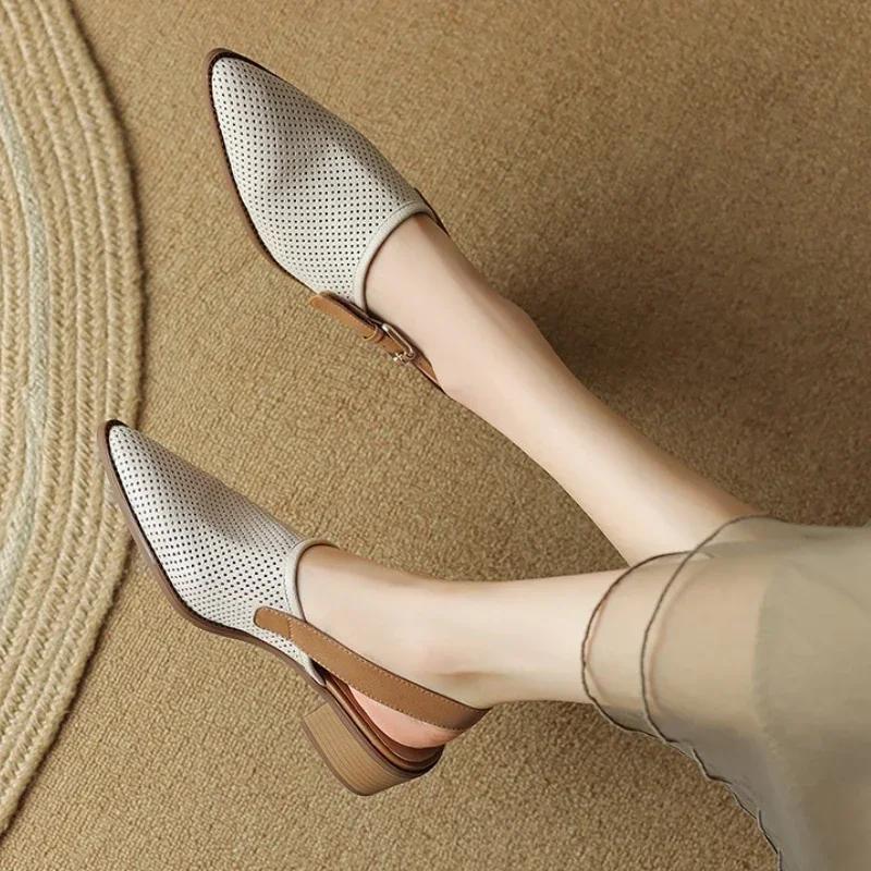 Ladies Shoes 2026 Knitted Mesh Women's Sandals New Fashion Pointed Thick Heel Sandals Women Summer Breathable Hollow Shoes Women