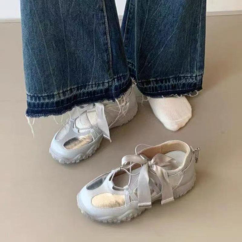 Inner height increase small silver shoes sports silver ballet style beautiful bow cross strap Mary Jane single shoes women
