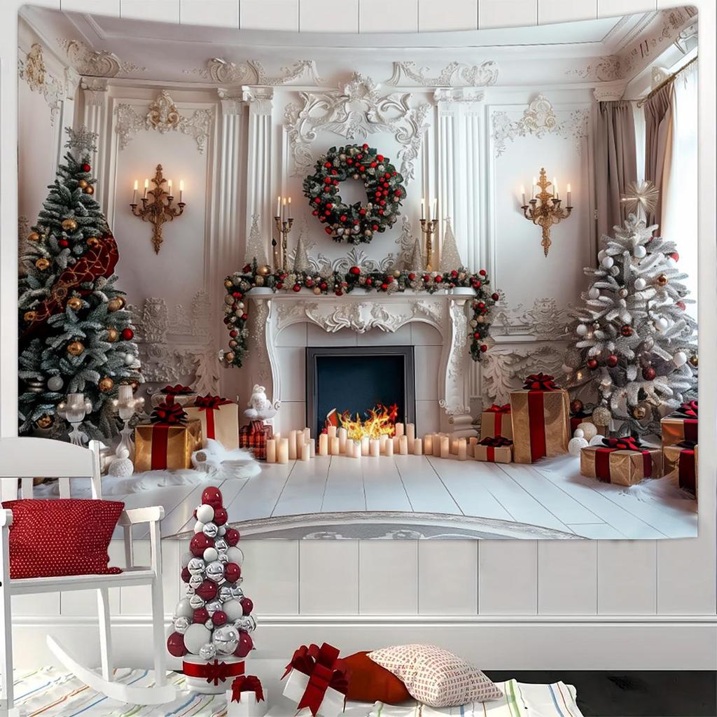 Vintage Christmas Fireplace Tapestry: Holiday Tree Photo Background Hanging Cloth
