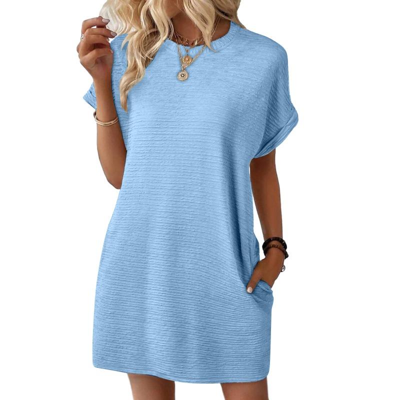 Women's spring and summer new solid color round neck loose short-sleeved pocket dress