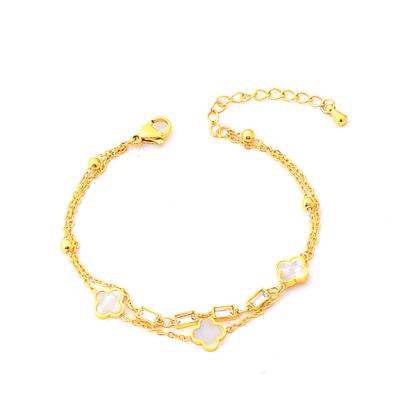 Double Layered Four Leaf Flower Bracelet, Female Titanium Steel Hollow Blank Shell Square Zircon Bracelet, Girl Gift