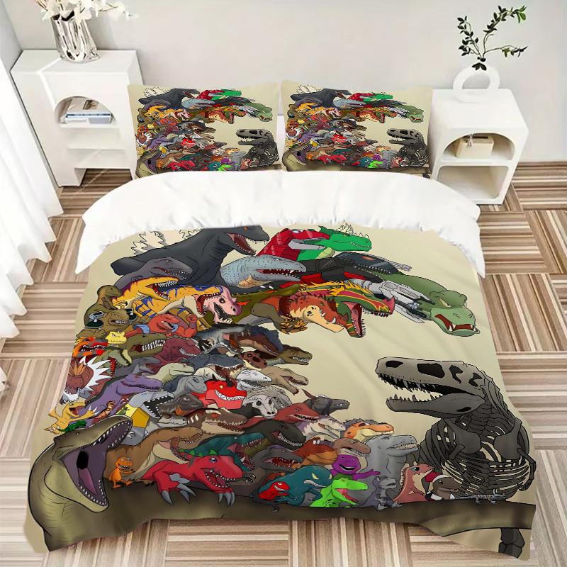 3pcs Various Dinosaur Quilt Cover Set - Soft & Comfortable Polyester Fabric, All-Season Breathable Comforter Set For 1 Quilt Cover & 2 Pillowcases