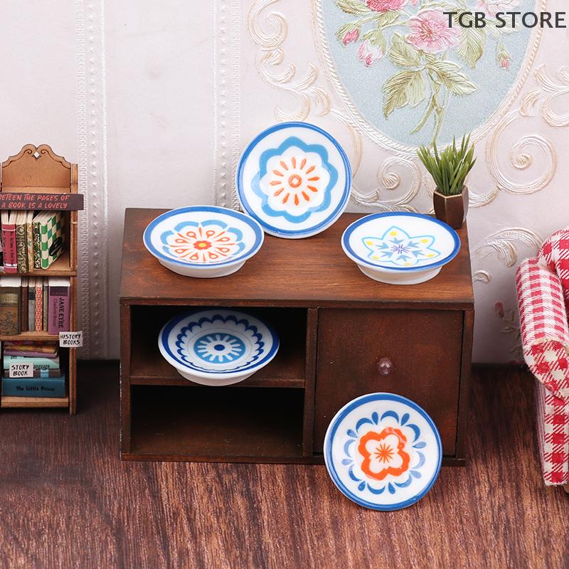 5Pcs 1:12 Simulation White Blue Porcelain Plates Kitchen Decoration Dollhouse Accessories Pretend Play Toy