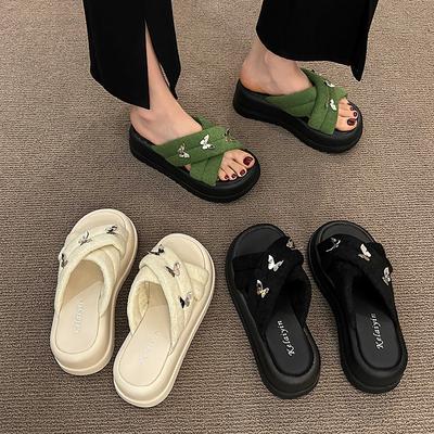 2025 New Summer Thick-soled Heightening Slippers Women Wear Butterfly Metal Buckle Fashion Explosion One-word Sandals Non-slip