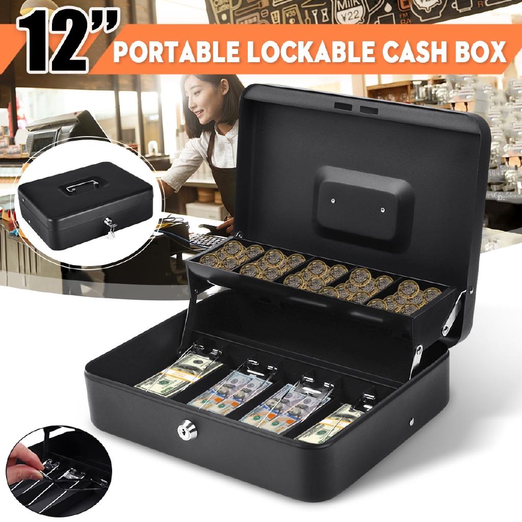 Metal Piggy Bank Key Lock Petty Coin Cash Money Box Pot Lockable Cash Box Deposit Security Cashier Drawer Storage Black 1 PC