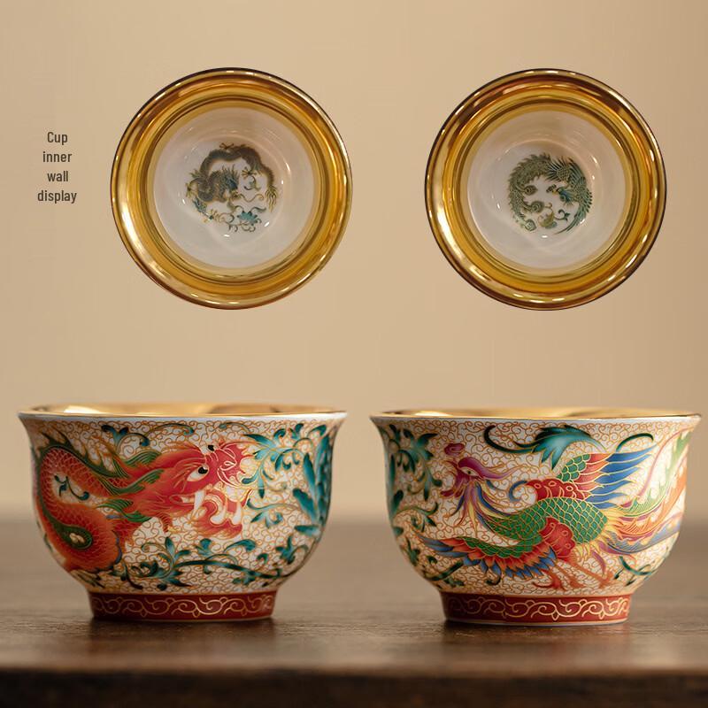 Chaxun Enamel Gold Dragon Phoenix Ceramic Teacup Pair