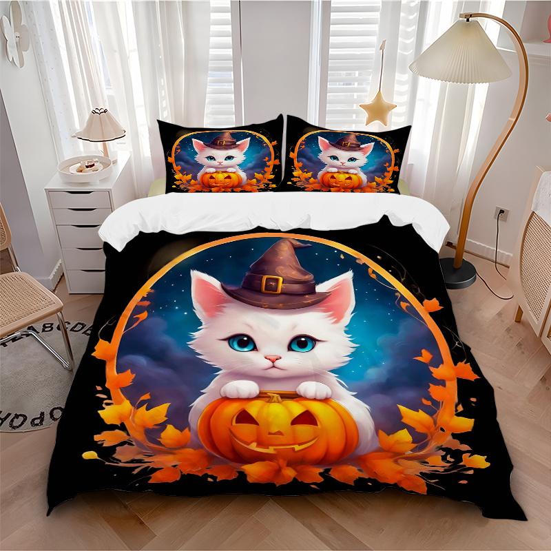 3pcs Halloween Cute White Cat Pumpkin Quilt Set - Soft and Comfortable Bedroom, Guest Room and Dorm Decor Bedding Set 1 Quilt Cover + 2 Pillowcas