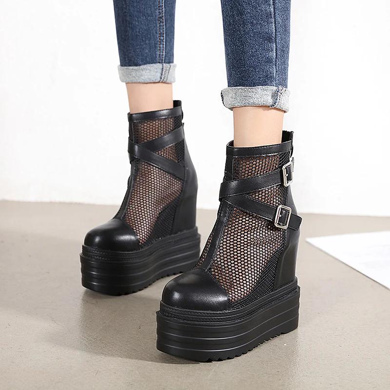 Fashion Lady Fashion High Height Increase Summer Boots Summer Platform Boots Women Breathable Genuine Leather Shoes Woman