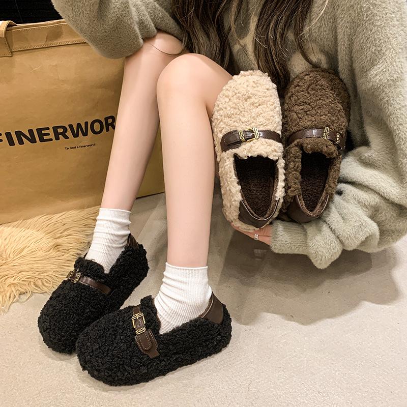 Thick-soled Inner Height-increasing Fluffy Shoes for Women's Outer Wear 2025 New Winter Snow Boots One-pedal Evening Shoes Plush Cotton Shoes
