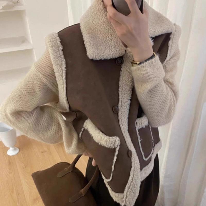 Autumn and winter casual fur integrated thickened sleeveless vest lapel jacket Korean suede lamb wool vest women