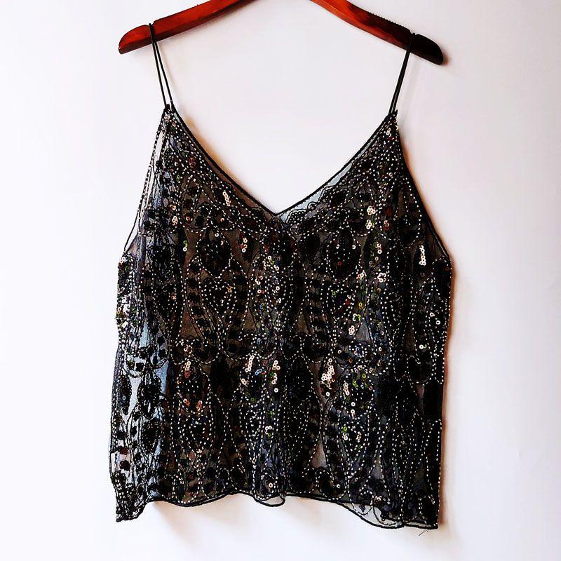 

Classic Style Sequin Bead V-neck Loose Camisole Black One size(Suggested 47.50kg -65.00kg Energy)