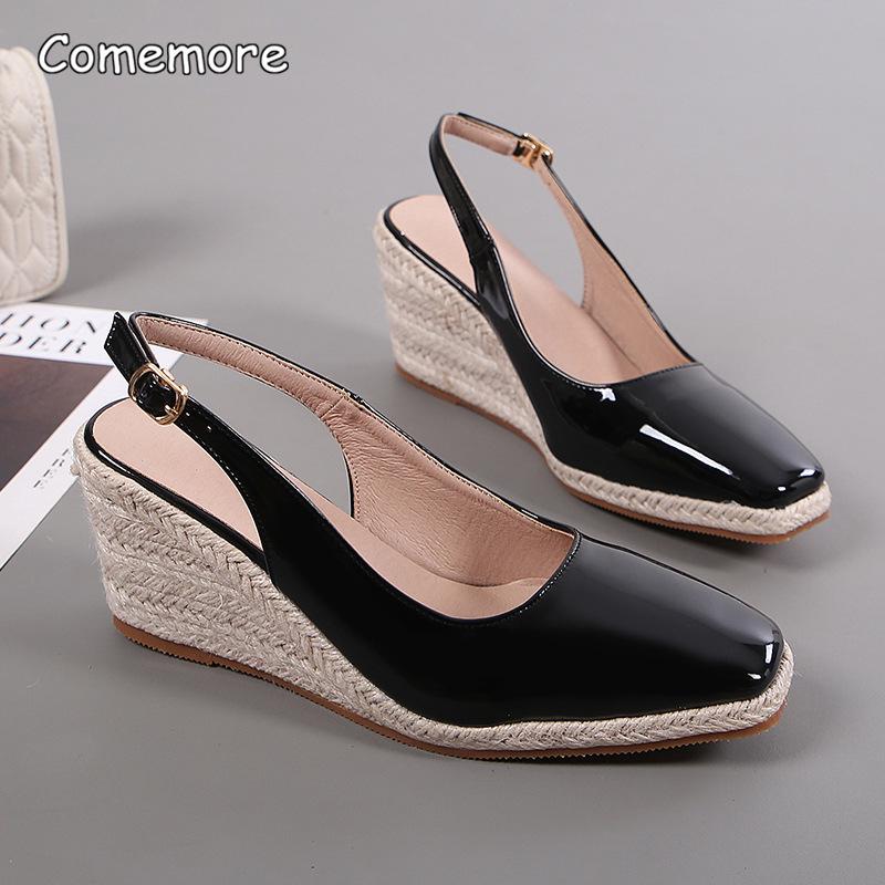 Patent Leather Square Toe Wedge Platforms Sandals Buckle Ankle Straps Women Shoes Comfortable Office Ladies Daily Footwear