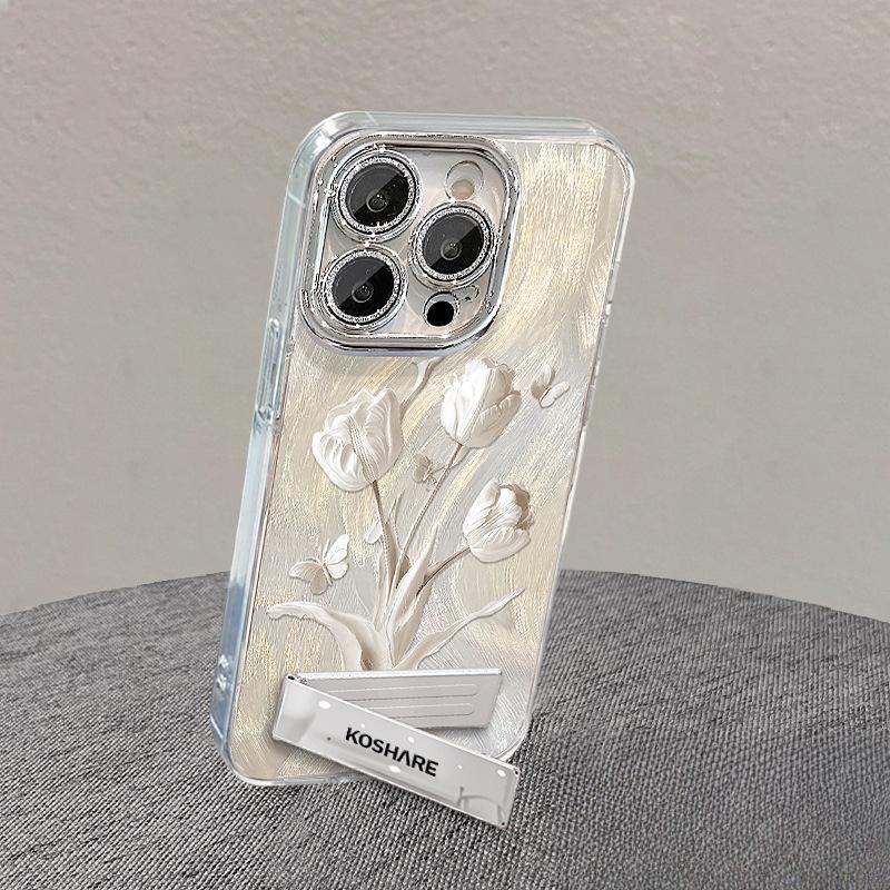 The White Tulip Chain Is Suitable for The Apple 16pro Tulle Phone Case with Bracket 15 High-end Feel 14/13 Lens Film