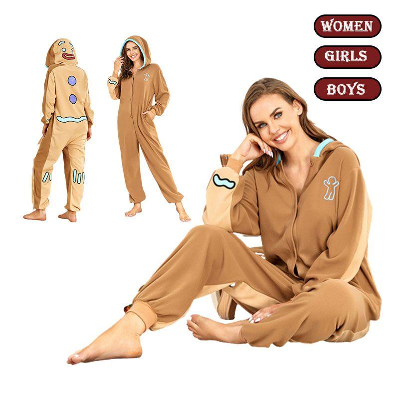 Gingerbread Man Hooded Pajamas Cosplay Costume For Women Boys Girls Xmas