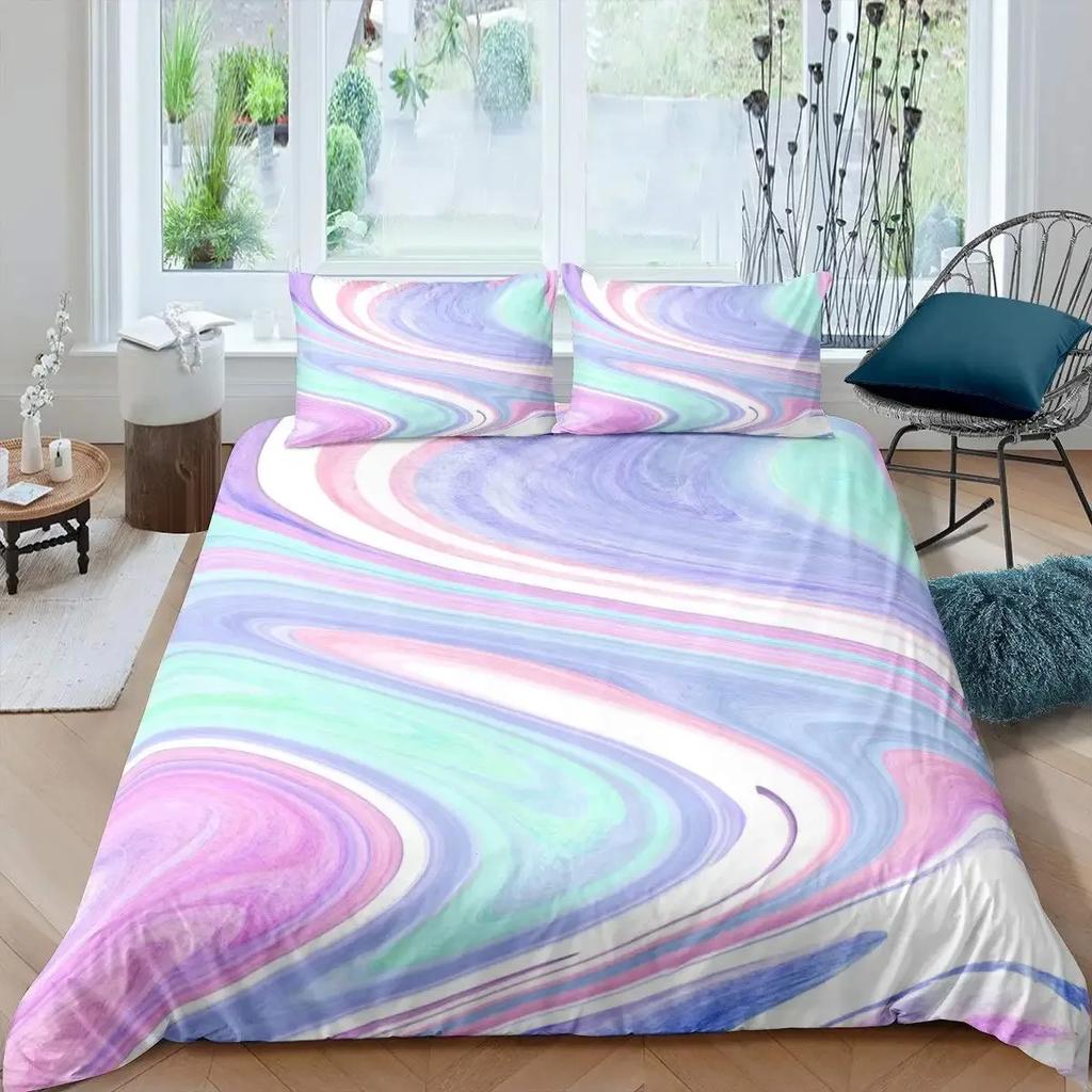 Colorful Marble Tie Dye Watercolor Pastel Abstract Girly Comfortable Duvet Quilt Cover Pillowcase Bedding Set Children Bedroom