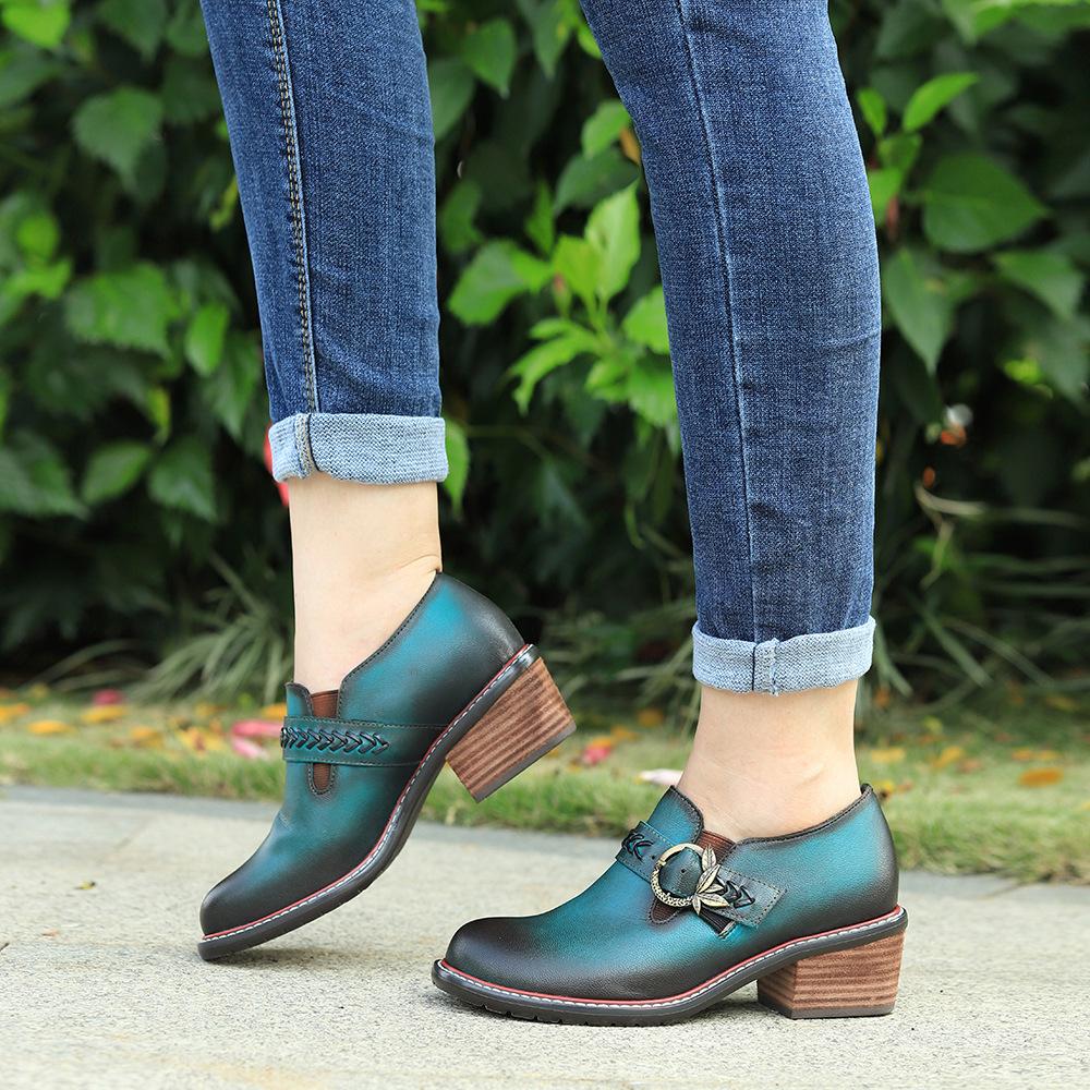 Johnature Zapatos de tacón de cuero genuino para mujer, zapatos de primavera Retro con punta redonda, Color sólido, hechos a mano, zapatos de ocio Silp-on