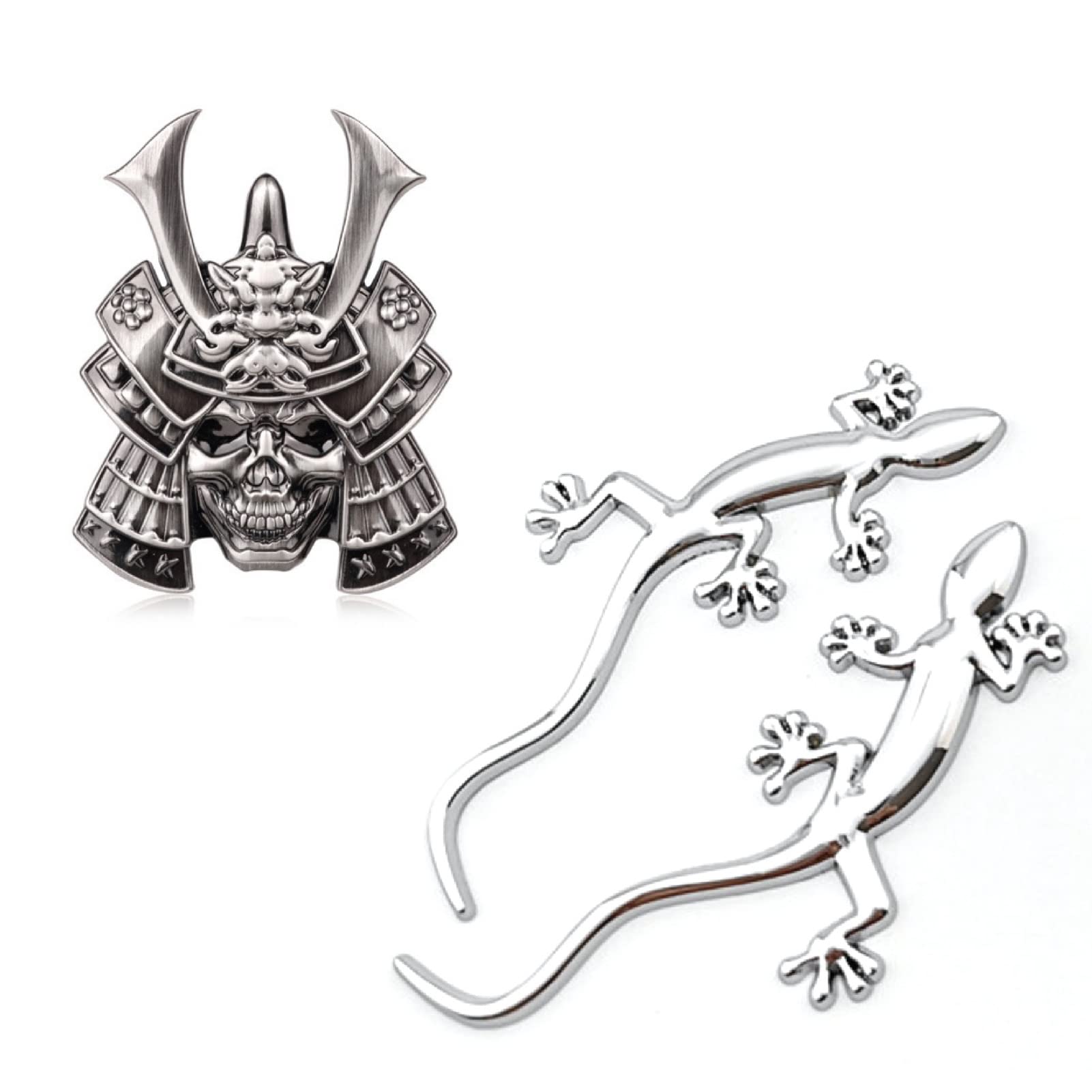 Наклейка Famimueno 3D Эмблема Черепа 3D Крутая Геккон Ящерица Аксессуар (1 Самурай-череп + 2 Ящерицы Набор (Серебряный цвет))