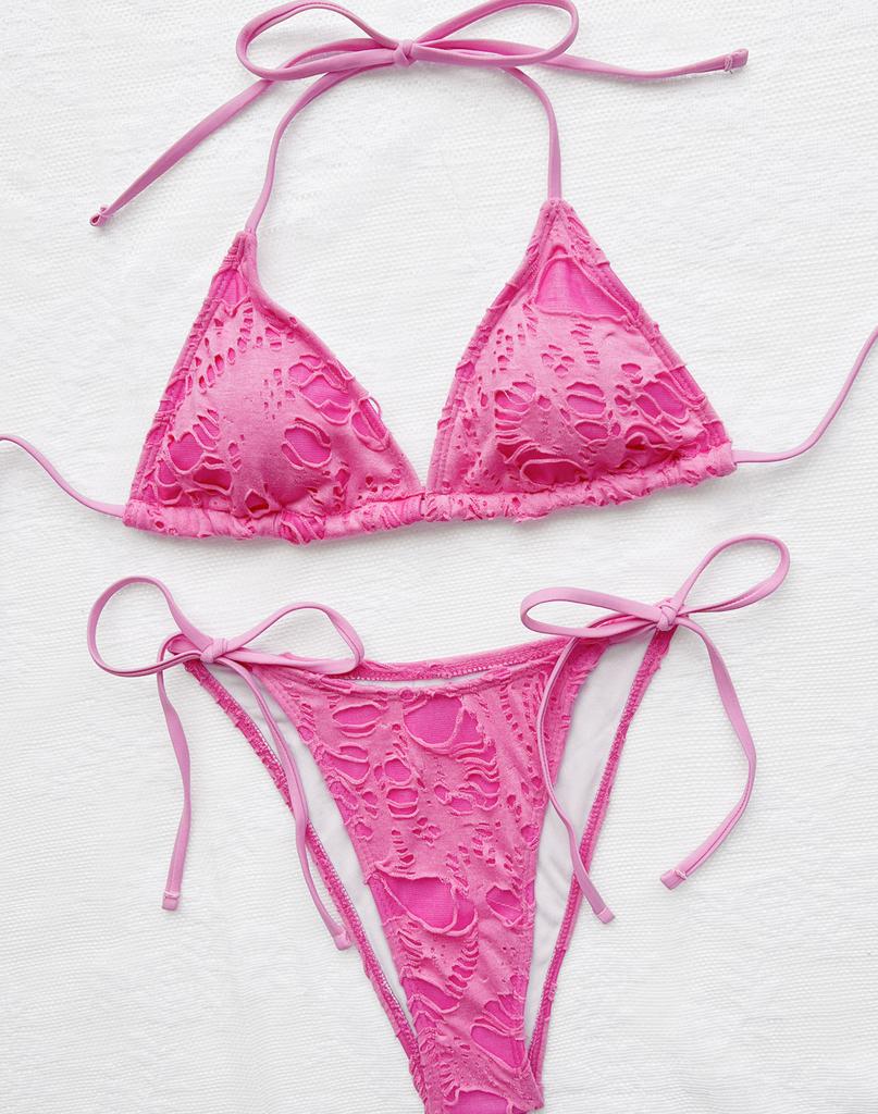 Costume da bagno da donna tinta unita con scollo all'americana strappato lacci laterali sexy bikini a vita alta costumi da bagno