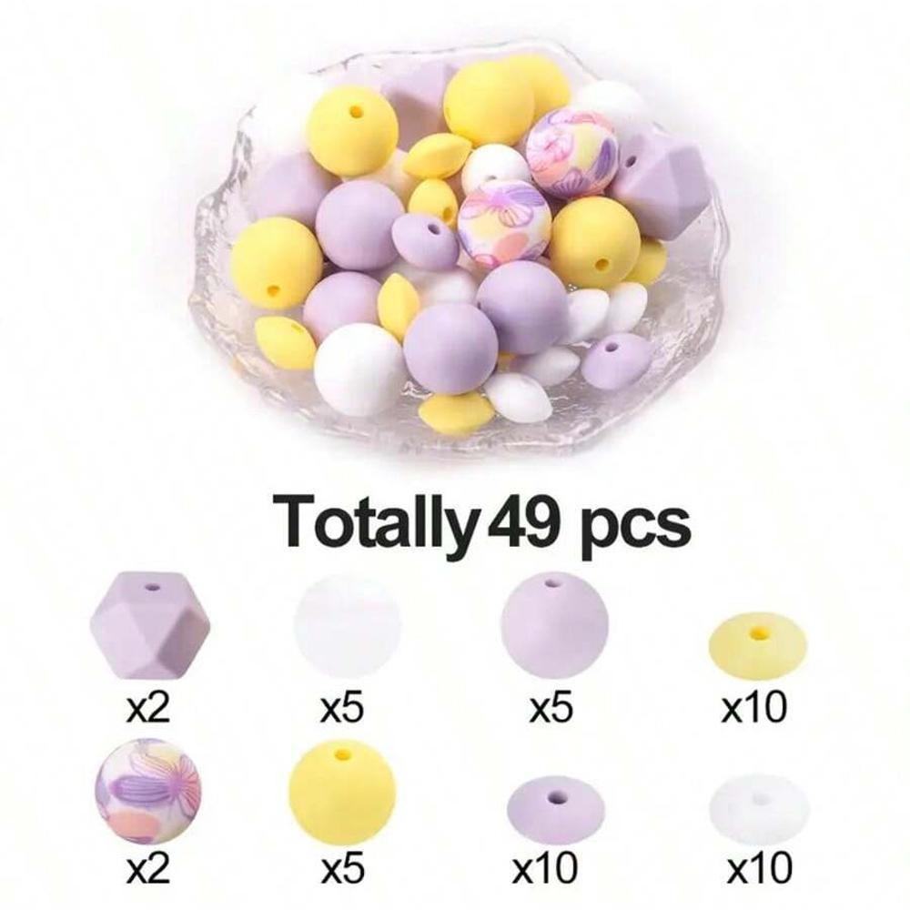 49PCS Bohemian style printed silicone beads, suitable for DIY handicrafts, creative keychains, bracelets, necklaces, etc