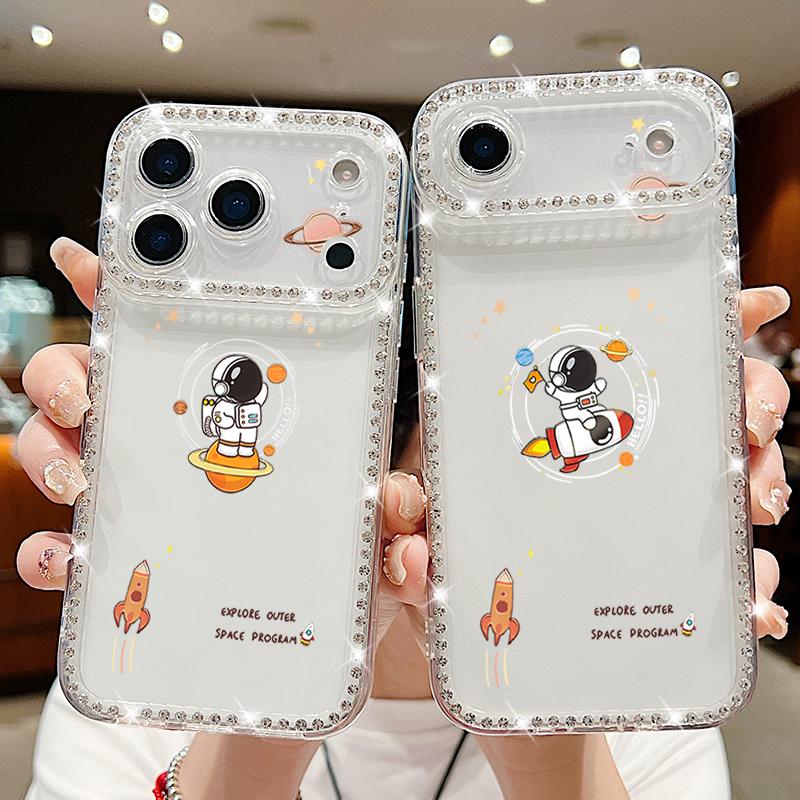 Cute Astronaut Printed Bling Diamond Case For iPhone 17 Air 16e 16 14 15 13 17 Pro Max 15 16 Plus 17 Soft Silicone Phone Cover
