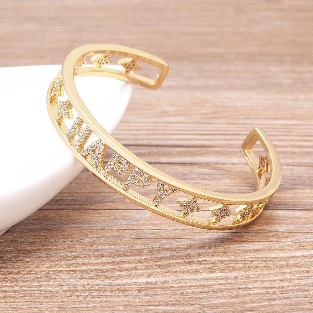 Top Quality Personalize Gold Color Hollow HAPPY Letter Opening Cuff Bangle Bracelet For Women Girls Fashion Party Jewelry Gift