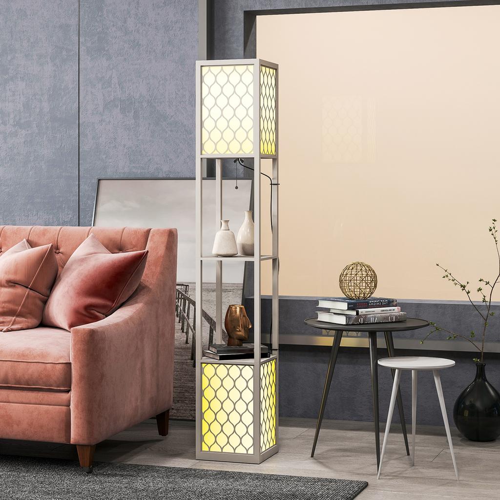Floor Lamp In Modern Design, 2 Shelves, Pull Chain Switch, 26 Cm X 26 Cm X 156 Cm, Black + White