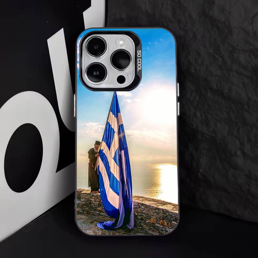 Custodia per Telefono con Mappa Bandiera Greca Grecia Per iPhone 11,12,13,14,15,16,17,Pro,Max,Plus,E,Air,Mini IMD Nero Opaco