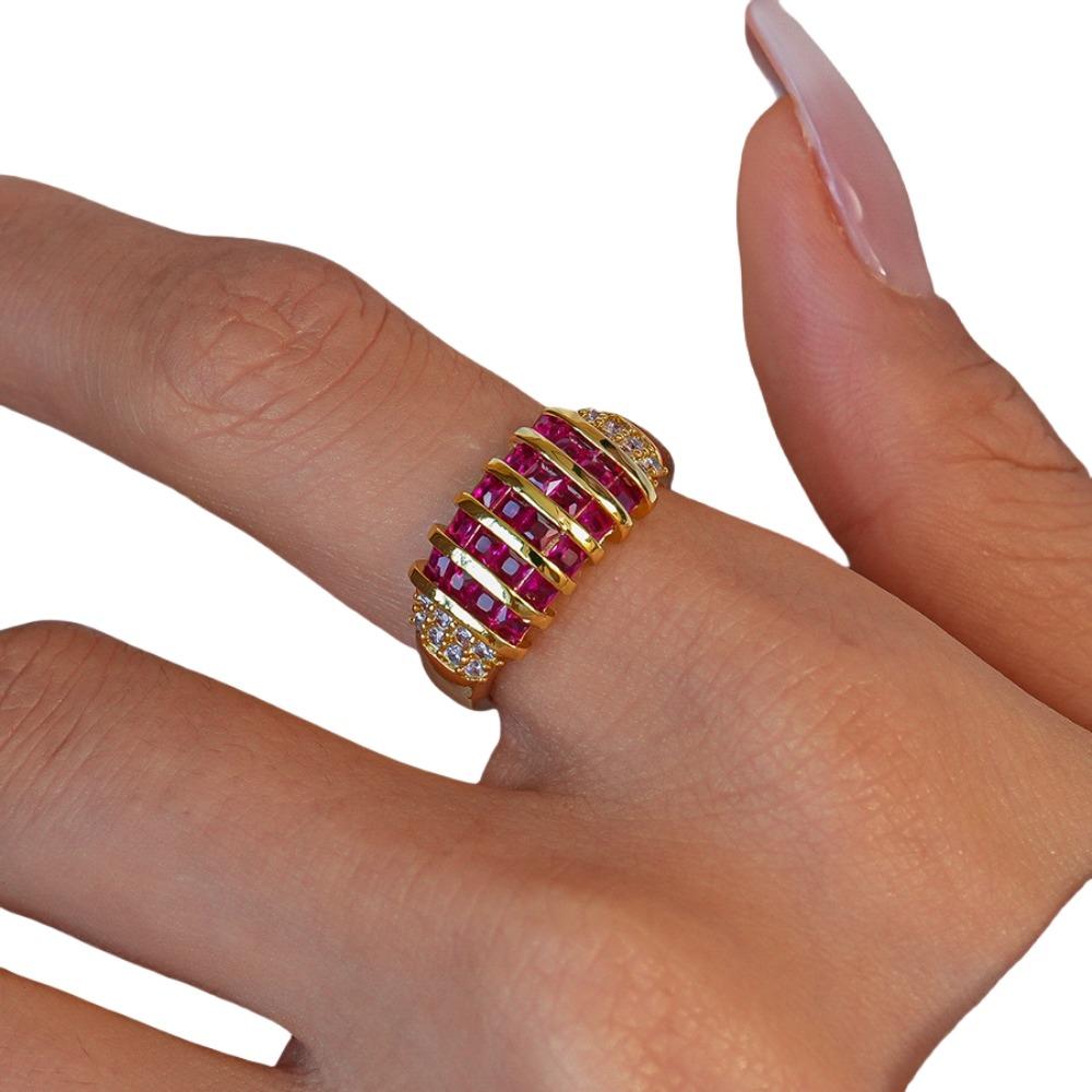 Korean Style Rhinestone Ring Geometric Chunky Enamel Ring Vintage Zircon Opening Ring Decoration