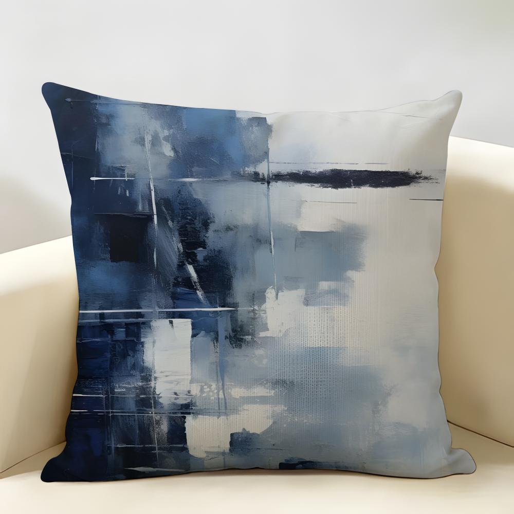 Alricc Blue Gray Abstract Art Cushion Cover Natural Linen Organic Fabric Double-Sided Printing Breathable Perfect For Home Decor