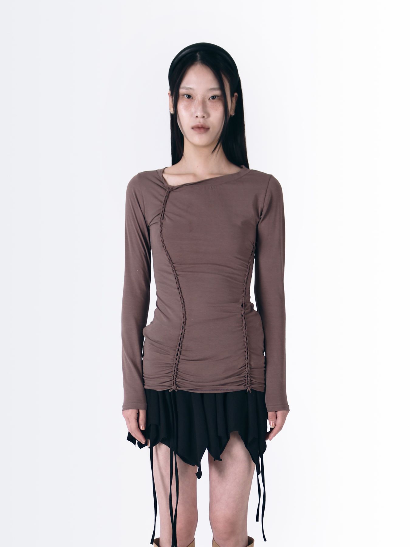 Sio Braid Detail Long Sleeve Top [Brown] Brown