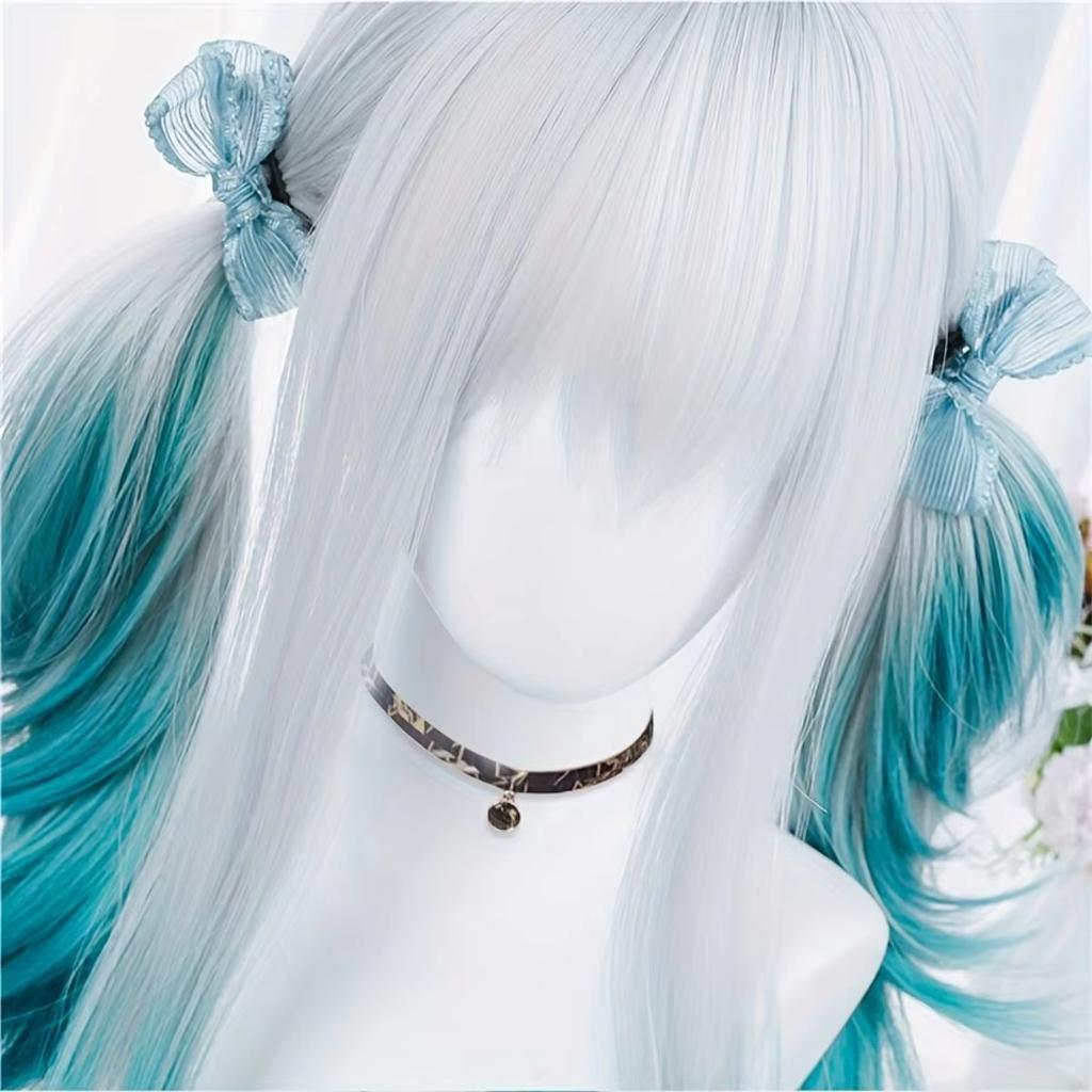 Blue White Gradient Bangs Straight Synthetic Wig with Ponytail Anime Party Cosplay Fashion 2025 New Fiber Hairdo
