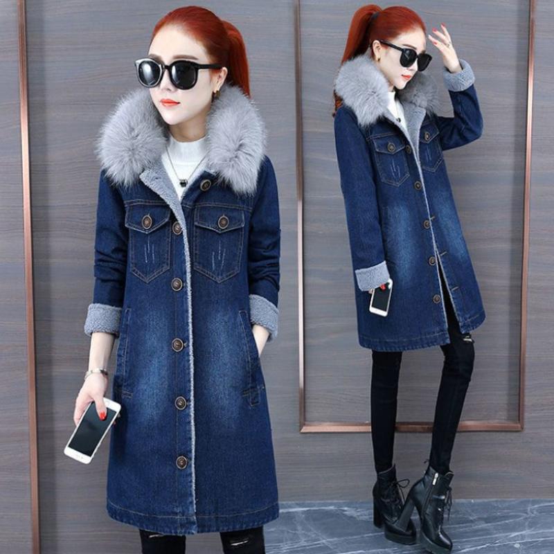 Denim Jacket Women's Plus Velvet Thickened Mid-length Plus Velvet Clothes Autumn and Winter Denim Windbreaker