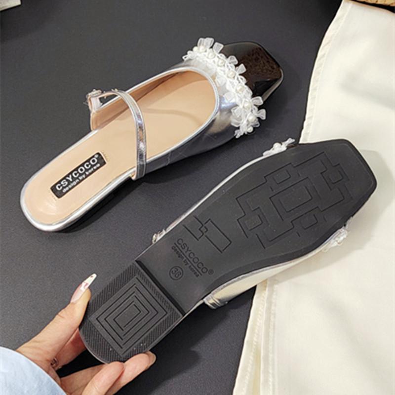Fashion Elegant Lace Pearl Flat Sandals Women Square Toe Buckle patchwork Mary Jane Shoes Fashion Comfort Luxury Designer Brand Sandals