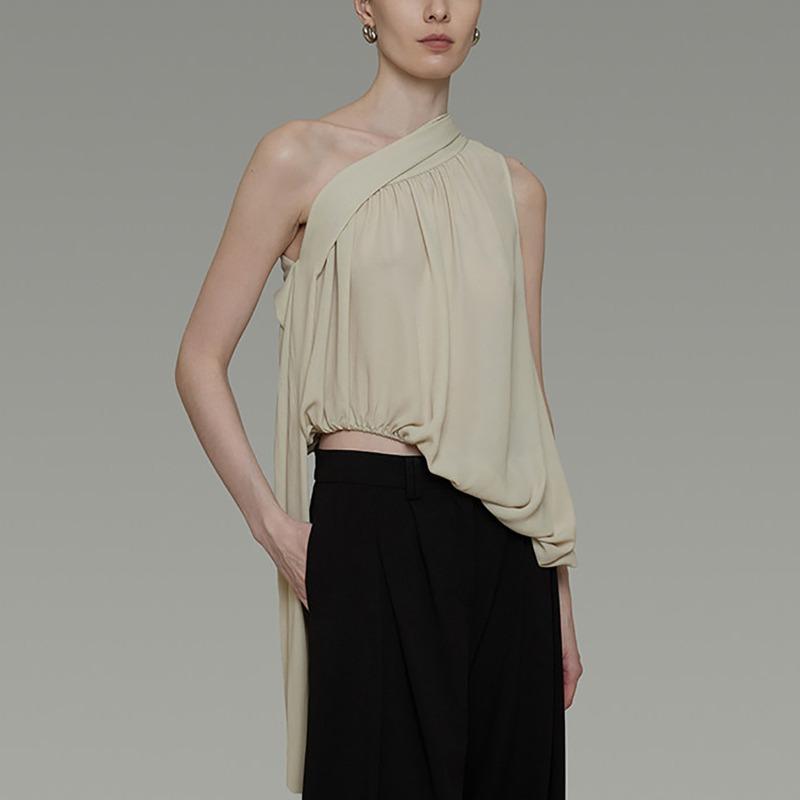 

Women’s Asymmetric One‑Shoulder Summer Top – Sleeveless Draped Tank with Ribbon Detail L