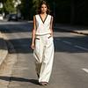 Summer 2 Piece Linen Sets for Women, V Neck Sleeveless Tank Top And Wide Leg Pants Matching Sets, Color Block Lounge Outfits with Pockets