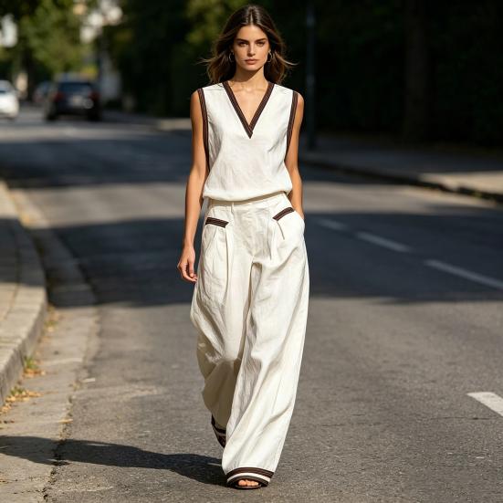 Summer 2 Piece Linen Sets for Women, V Neck Sleeveless Tank Top And Wide Leg Pants Matching Sets, Color Block Lounge Outfits with Pockets