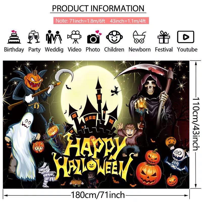 2D Happy Halloween Backdrop with Grim Reaper and Pumpkins Photography Banner