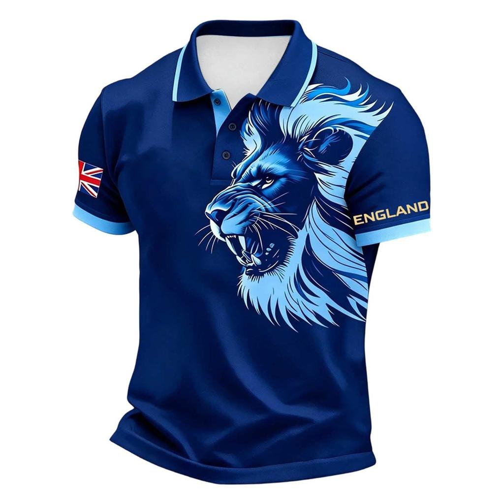 Men's Classic Polo Shirt with England Football Print Short Sleeve Button Collar Casual Fit Football Apparel for Fans