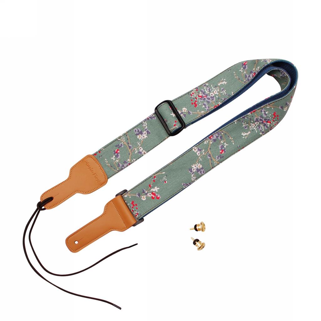 MUSIC FIRST Original Design Vintage Style Soft Cotton and Leather Guitar Banjo Strap "Plum Blossom" Strap,