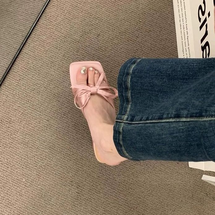 Fashion Slippers Women Summer Shoes Slides Butterfly-Knot Square heel Pantofle Block Soft 2025 Butterfly-knot Scandals  Shoes Women Slip
