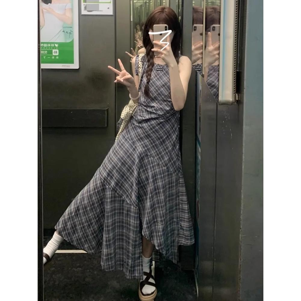 Sleeveless irregular plaid vest dress children's summer casual women's new small temperament long dress