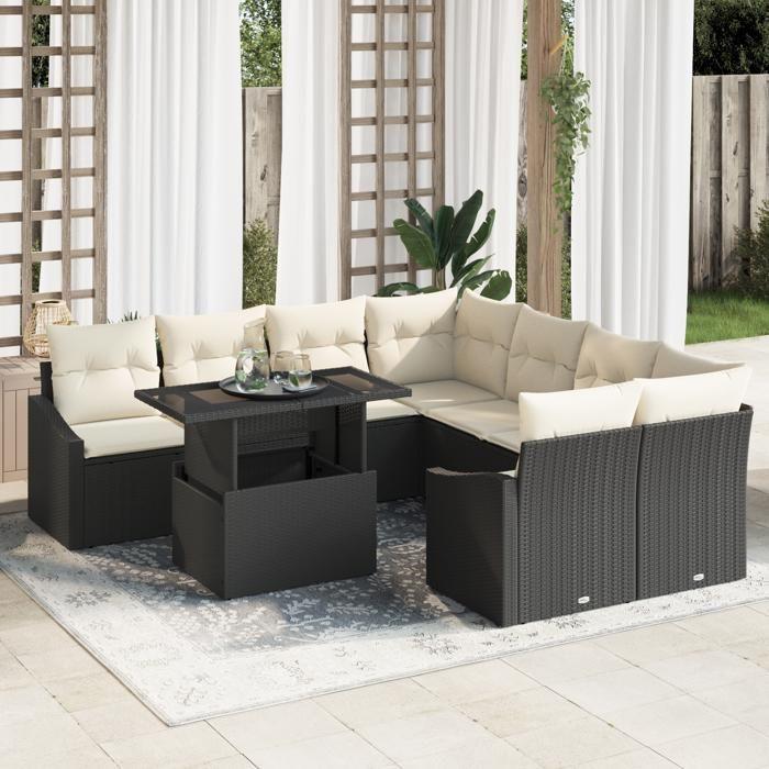 VidaXL Ensemble de canapé de jardin 9 pièces avec coussins Noir Poly Rattan 3357710